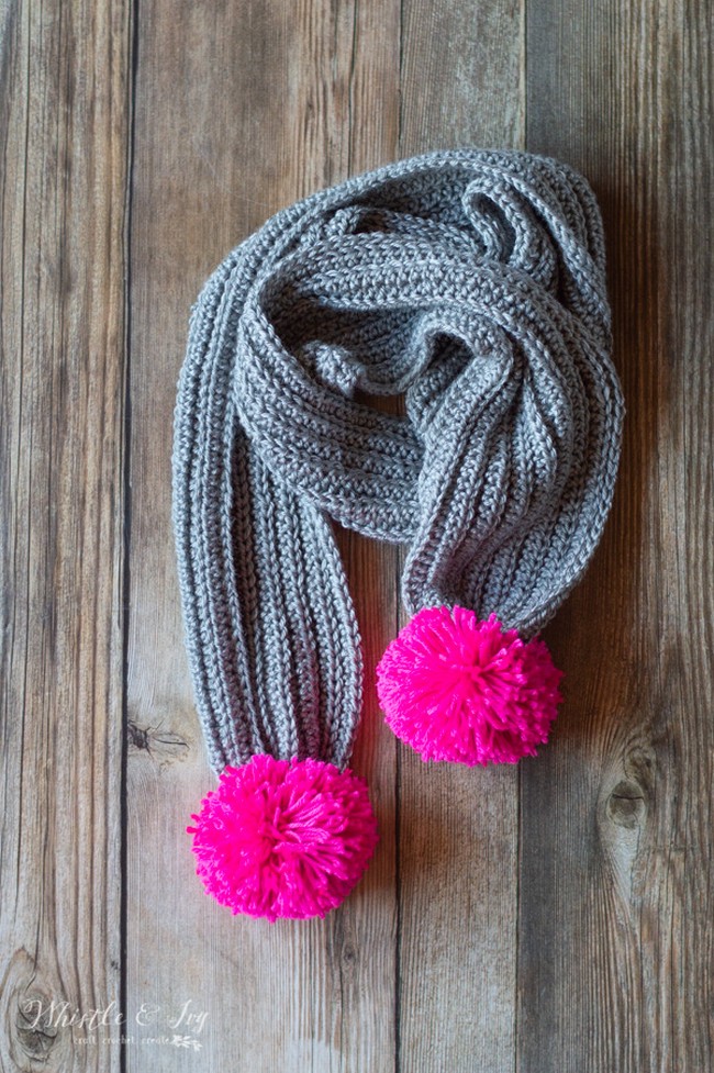 Ribbed Crochet Pom Pom Scarf Free Crochet Pattern