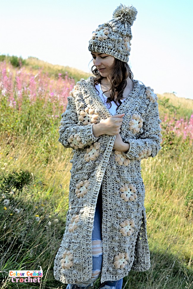 Crochet Bobble Flower Granny Square Cardigan Pattern