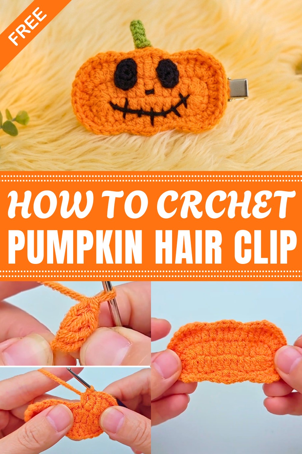 Crochet Halloween Pumpkin Hair Clip Pattern