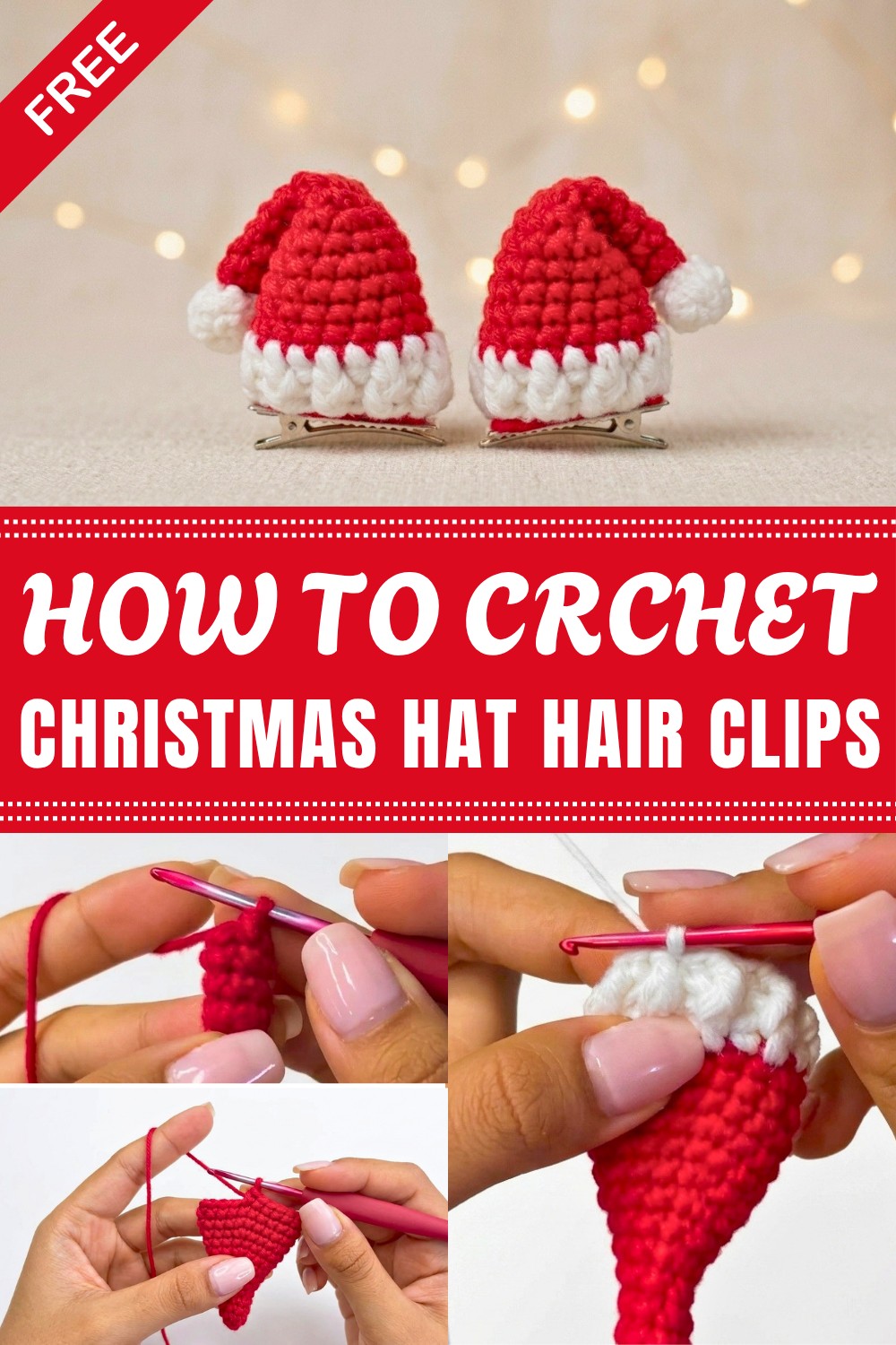 Crochet Christmas Hat Hair Clips Pattern