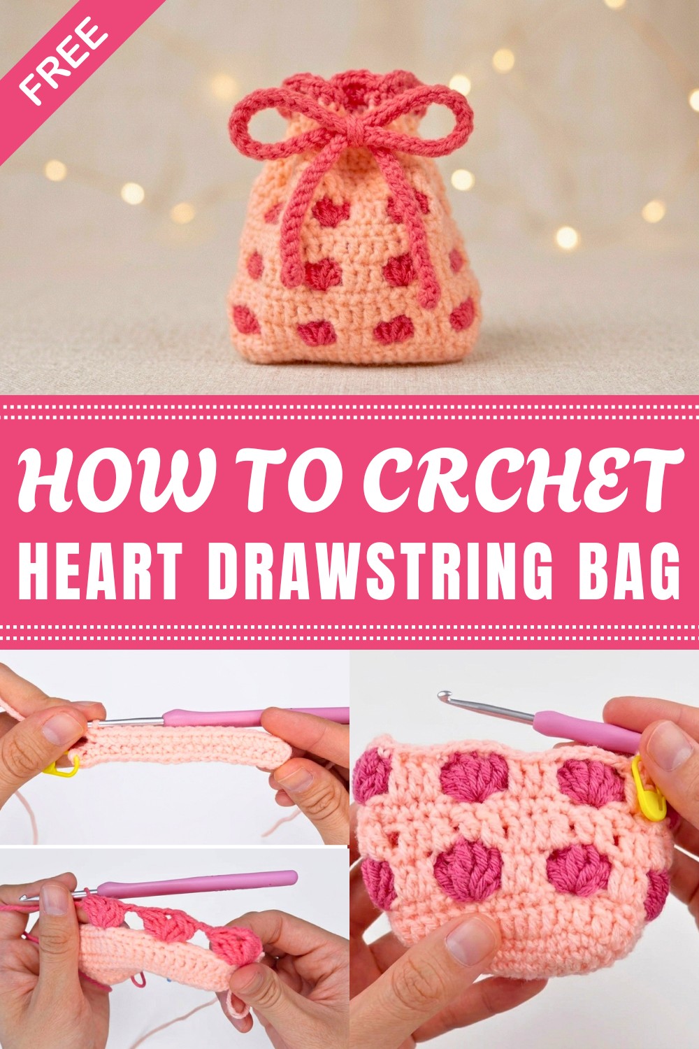 Crochet Heart Drawstring Bag Pattern